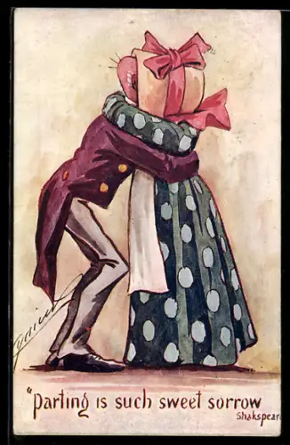 Künstler-AK Cynicus: Verliebtes Paar versteckt sich in der grossen Haube der Frau, Parting is such sweet sorrow