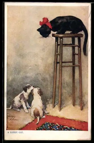 Künstler-AK Lawson Wood: Katze hat sich vor zwei Hunden auf hohen Stuhl geflüchtet