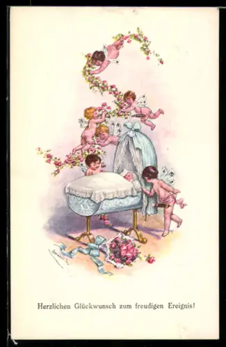 Künstler-AK Kränzle: Engel besuchen das Bett eines Neugeborenen und bringen einen Strauss Rosen