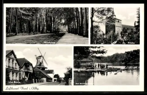 AK Varel i. Oldbg., Windallee, Kirche, Alte Mühle, Am Mühlenteich