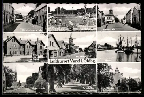 AK Varel /Oldbg., Freibad, Hindenburgstrasse, Hafen, Neuestrasse