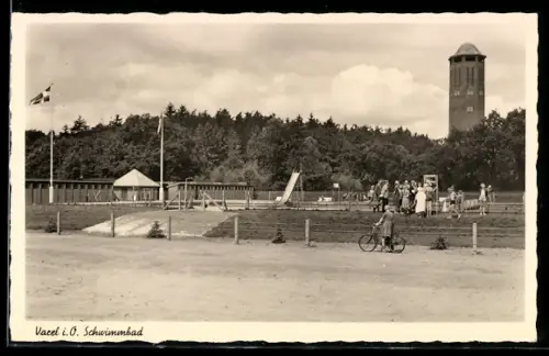 AK Varel i. O., Schwimmbad, Panorama mit Turm