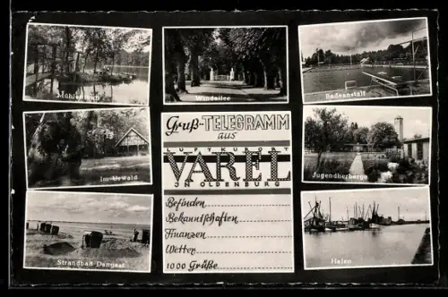 AK Varel /Oldenburg, Mühle, Windallee, Strandbad Dangast, Jugendherberge, Hafen, Badeanstalt