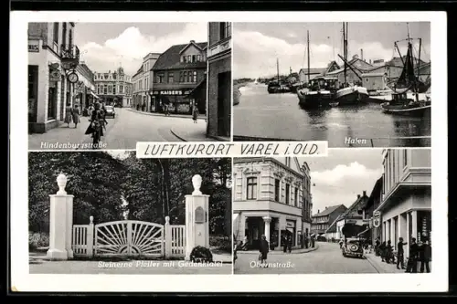 AK Varel i. Old., Hindenburgstrasse, Hafen, Steinerne Pfeiler mit Gedenktafel, Obernstrasse
