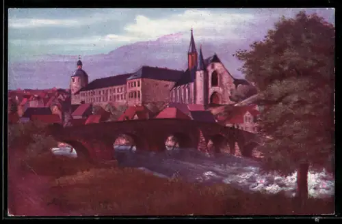 Künstler-AK Siegen, Unteres Schloss, Siegbrücke, Ansicht von 1850