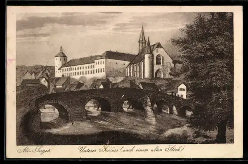 Künstler-AK Siegen, Unteres Schloss, Brücke, Kirche