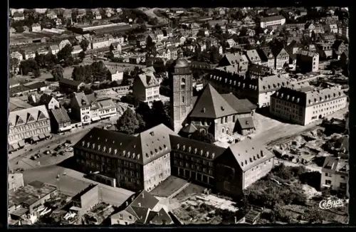 AK Siegen, Rathaus u. Nikolaikirche vom Flugzeug aus
