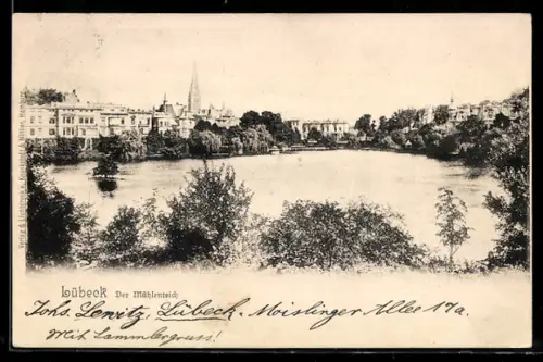AK Lübeck, Mühlenteich und Stadtpanorama