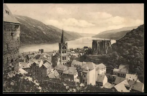 AK Bacharach, Ortsansicht mit Kirche, Ruine der Wernerkapelle u. Rhein
