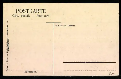 AK Bacharach, Ortsansicht mit Kirche, Ruine der Wernerkapelle u. Rhein