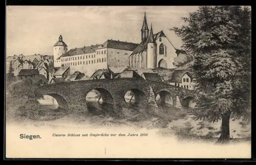 Künstler-AK Siegen, Unteres Schloss, Siegbücke, Kirche vor dem Jahre 1850