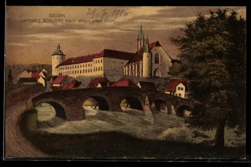 Künstler-AK Siegen, Unteres Schloss, Brücke, nach einem alten Stich
