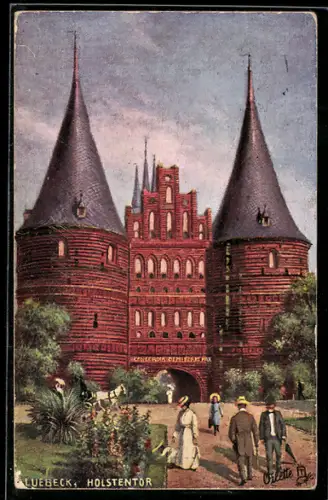 Künstler-AK Lübeck, Holstentor mit Passanten