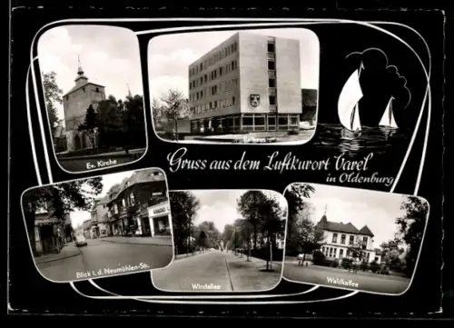AK Varel in Oldenburg, Rathaus, Blick in die Neumühlen-Strasse, WIndallee, Waldkaffee, Evangel. Kirche