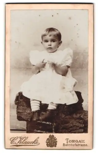 Fotografie C. Klaucke, Torgau, Bahnhofstrasse, Kleinkind auf steinernem Podest