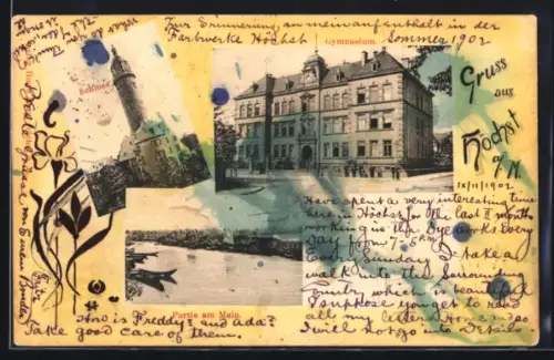 AK Höchst a. M., Gymnasium, Schloss, Main, Blumen