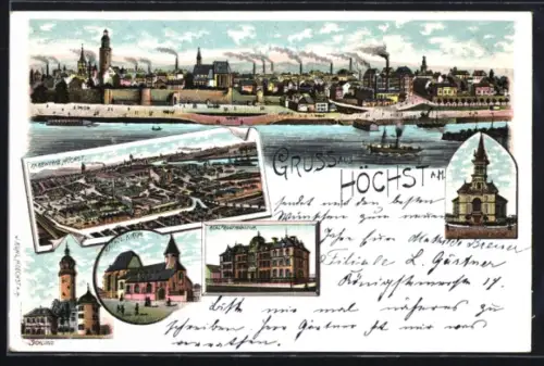 Lithographie Höchst a. M., Farbwerke, Katholische Kirche, Realprogymnasium