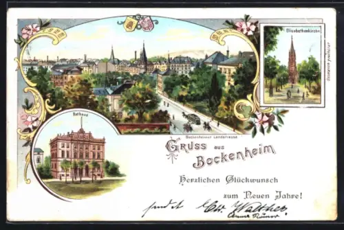 Lithographie Bockenheim, Bockenheimer Landstrasse mit Pferdebahn, Rathaus, Elisabethenkirche, Neujahrsgruss