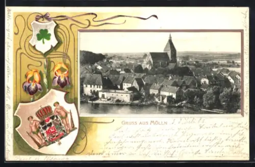 Passepartout-Lithographie Mölln, Uferpartie mit Kirche, Wappen