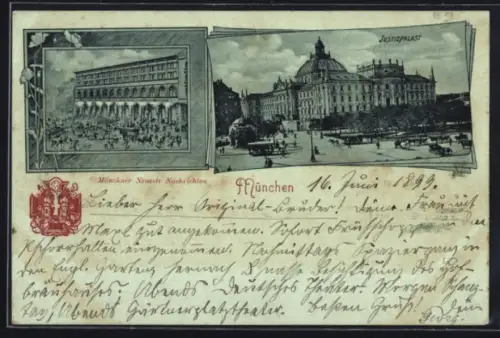 Lithographie München, Justizpalast, Münchner Neueste Nachrichten mit Strassenbahn