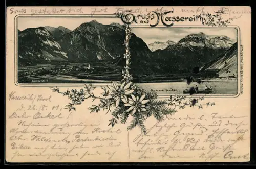 AK Nassereith, Ortsansicht und Nassereither See im Edelweiss-Passepartout