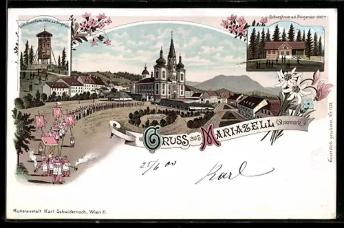 Lithographie Mariazell, Schutzhaus a. d. Bürgeralpl, Erzh. Franz Karls-Höhe, viele Menschen beim Umzug