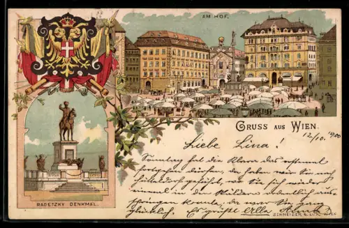 Lithographie Wien, Radetzky-Denkmal, Am Hof, Passepartout mit Wappen