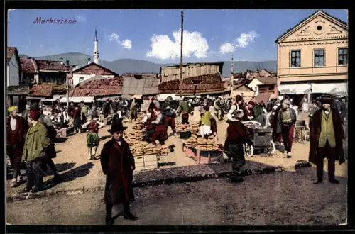 AK Marktszene mit Blick auf den Turm der Synagoge