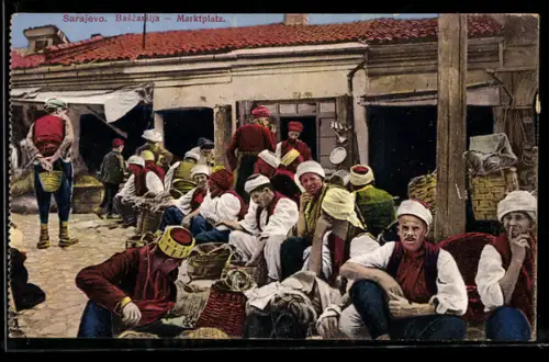 AK Sarajewo, Bascarsija, Marktplatz mit Strassenhändlern