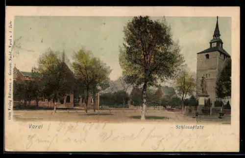 AK Varel, Schlossplatz, Panorama mit Denkmal