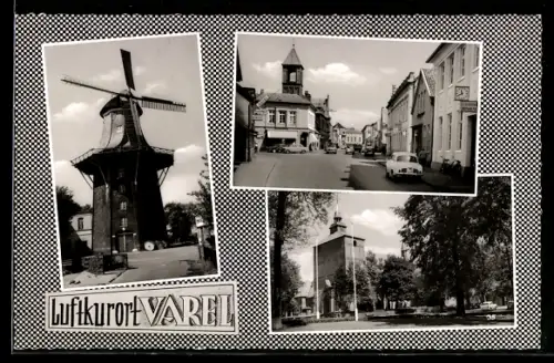 AK Varel, Windmühle, Strassenpartie, Kirche