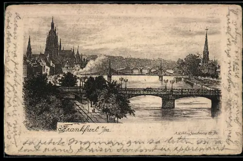 Künstler-AK Frankfurt a. M., Blick auf Dom, Mainbrücken und Paulskirche