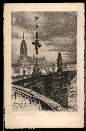 Künstler-AK Frankfurt a. M., Kaiser Karl und Hahn auf der alten Brücke