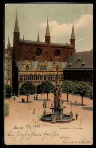 AK Lübeck, Marktplatz mit Brunnen