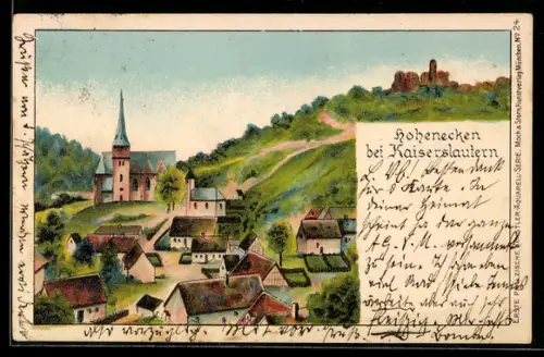 Lithographie Hohenecken bei Kaiserslautern, Kirche, Ortsansicht, Burgruine