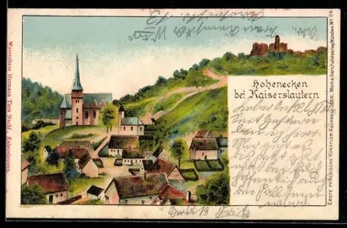 Lithographie Hohenecken bei Kaiserslautern, Kirche, Burg, Ortsansicht