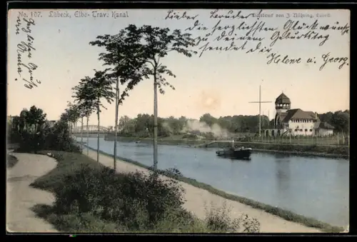 AK Lübeck, Elbe-Trave-Kanal mit Dampfschiff und Uferansicht
