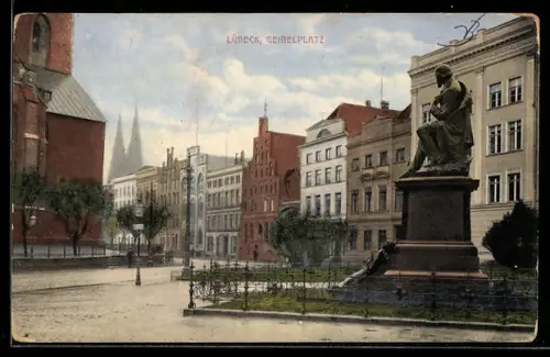 AK Lübeck, Geibelplatz mit Denkmal, Burgstrasse