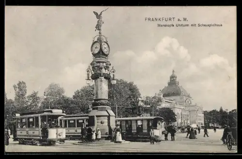 AK Frankfurt a. M., Manskopfs Uhrturm mit Schauspielhaus, Strassenbahn