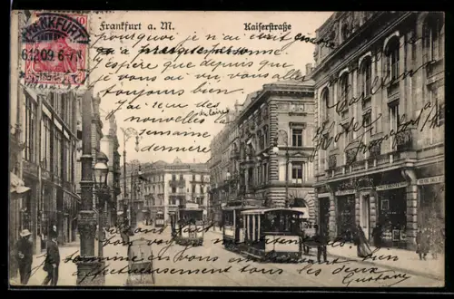 AK Frankfurt a. M., Kaiserstrasse mit Strassenbahn und Geschäftshäusern