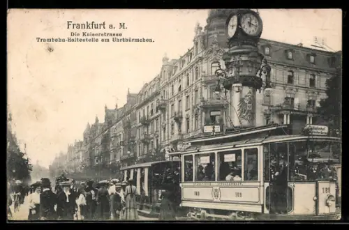 AK Frankfurt a. M., Kaiserstrasse, Trambahn-Haltestelle am Uhrtürmchen