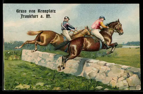 Lithographie Frankfurt a. M., Rennplatz, Pferderennen, Hindernissprung