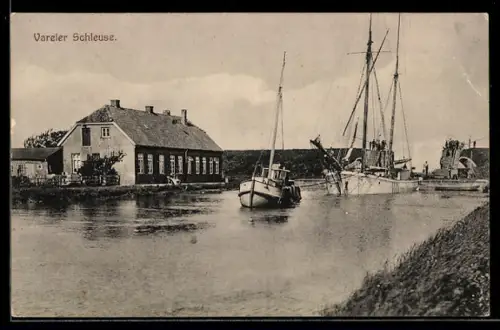 AK Varel, Schleuse mit Segelschiffen und Schleusenhaus