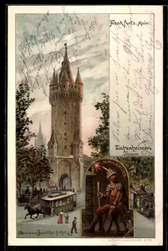 Lithographie Frankfurt a. Main, Eschenheimer Turm, Pferdebahn