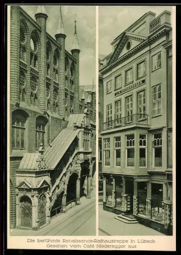 AK Lübeck, Cafe Niederegger mit Blick auf Renaissance-Rathaustreppe