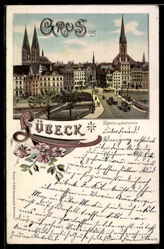 Lithographie Lübeck, Ortsansicht vom Holstenthor aus