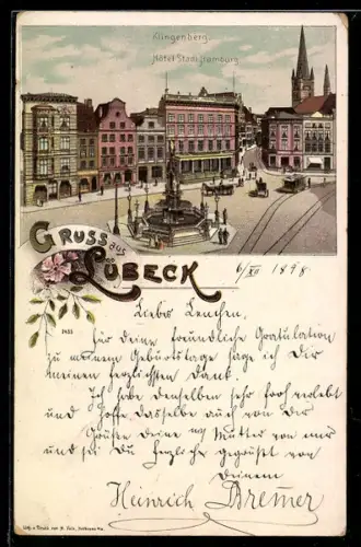 Lithographie Lübeck, Strasse Klingenberg mit Hotel Stadt Hamburg und Strassenbahn