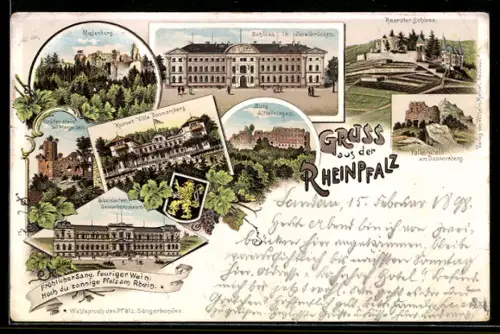 Lithographie Zweibrücken, Madenburg, Schloss, Kurort Villa Donnersberg u. Falkenstein am Donnersberg