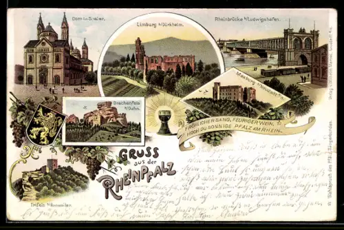 Lithographie Limburg b. Dürkheim, Dom zu Speier, Rheinbrücke Ludwigshafen