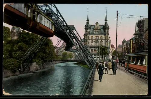 Goldfenster-AK Barmen, Strasse Neuer Weg mit Schwebebahn